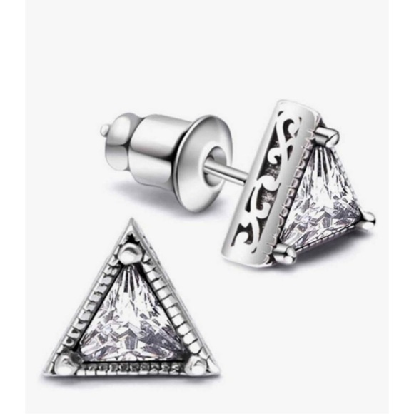 NEW Unisex Triangle Simulated Diamond 925 Silver Stud Earrings‎ - Picture 1 of 13